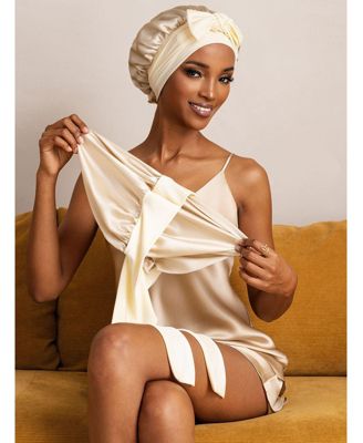 SilkSilky Pure Silk Double-layer Bonnet - With Adjustable Long Tie - Beige 33$