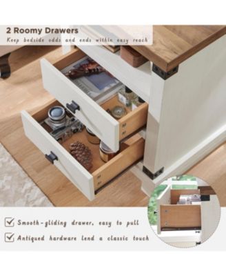 Farmhouse Nightstand Set of 2 with Charging Station, 18" Rustic Night Stand with 2 Storage Drawers, Wood End Table