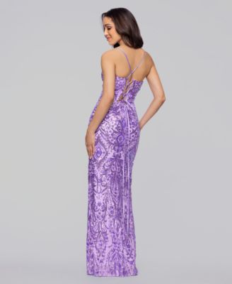 Juniors' Lace-Up Back Sequin Long Dress