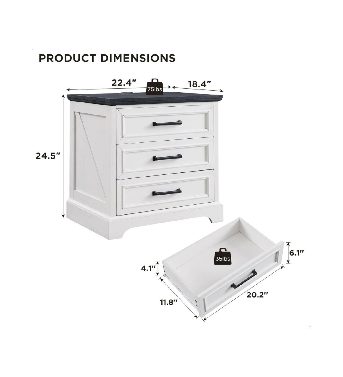 gaomon Farmhouse Nightstand Set of 2 with Charging Station,Rustic Wood Small Dresser, Off White