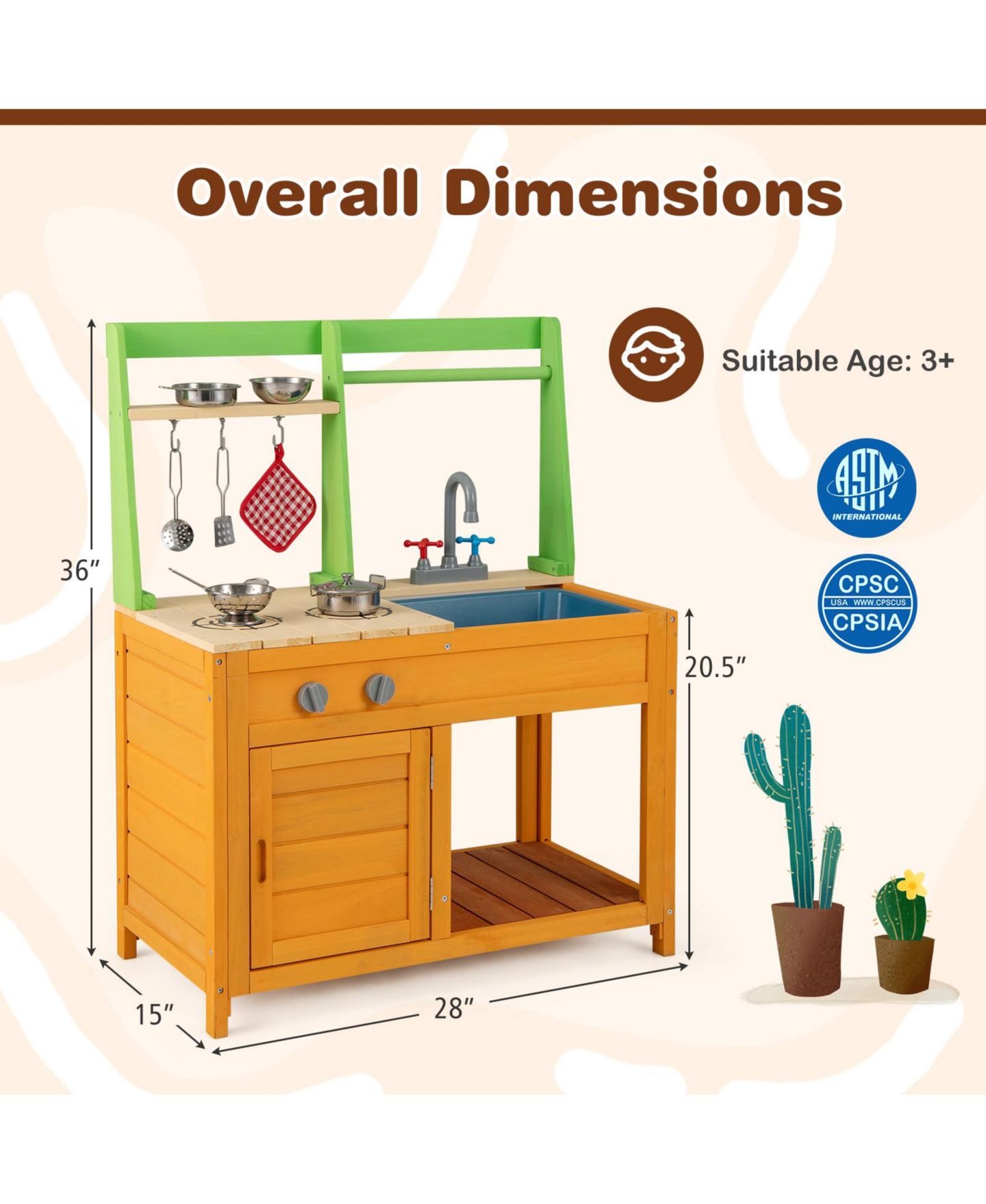 Детский игровой набор HONGGE Outdoor Wooden Mud Kitchen Playset With Sink and Stove, Ages 3+, цвет: Натуральный — фото 2