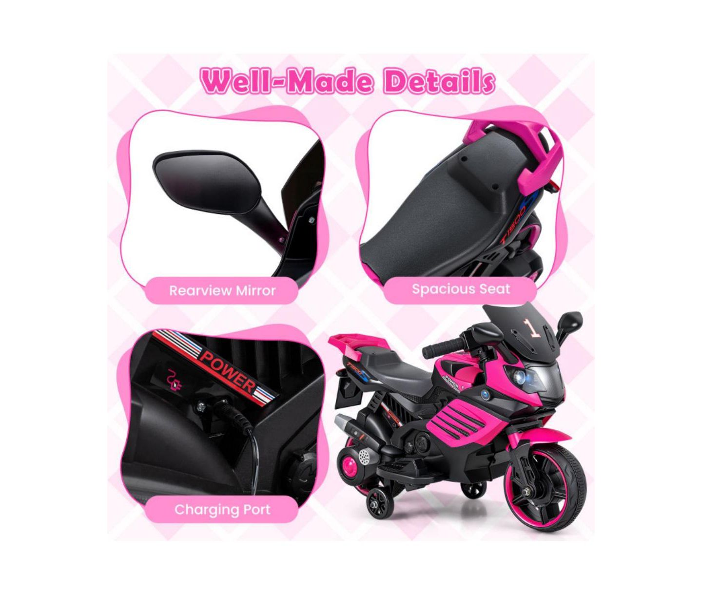 Детская игрушка HONGGE 6V Kids Motorcycle with Headlights Music and Training Wheels, цвет: Розовый — фото 11