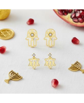 Set of 2 Tiny Judaic Jewelry CZ Accent 14K Yellow Gold Hamsa Star Of David Judaic Stud Earrings Bat Mitzvah Secure Screwback Posts