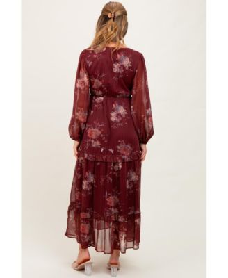 Maternity Burgundy Floral Chiffon V-Neck Long Sleeve Maxi Dress
