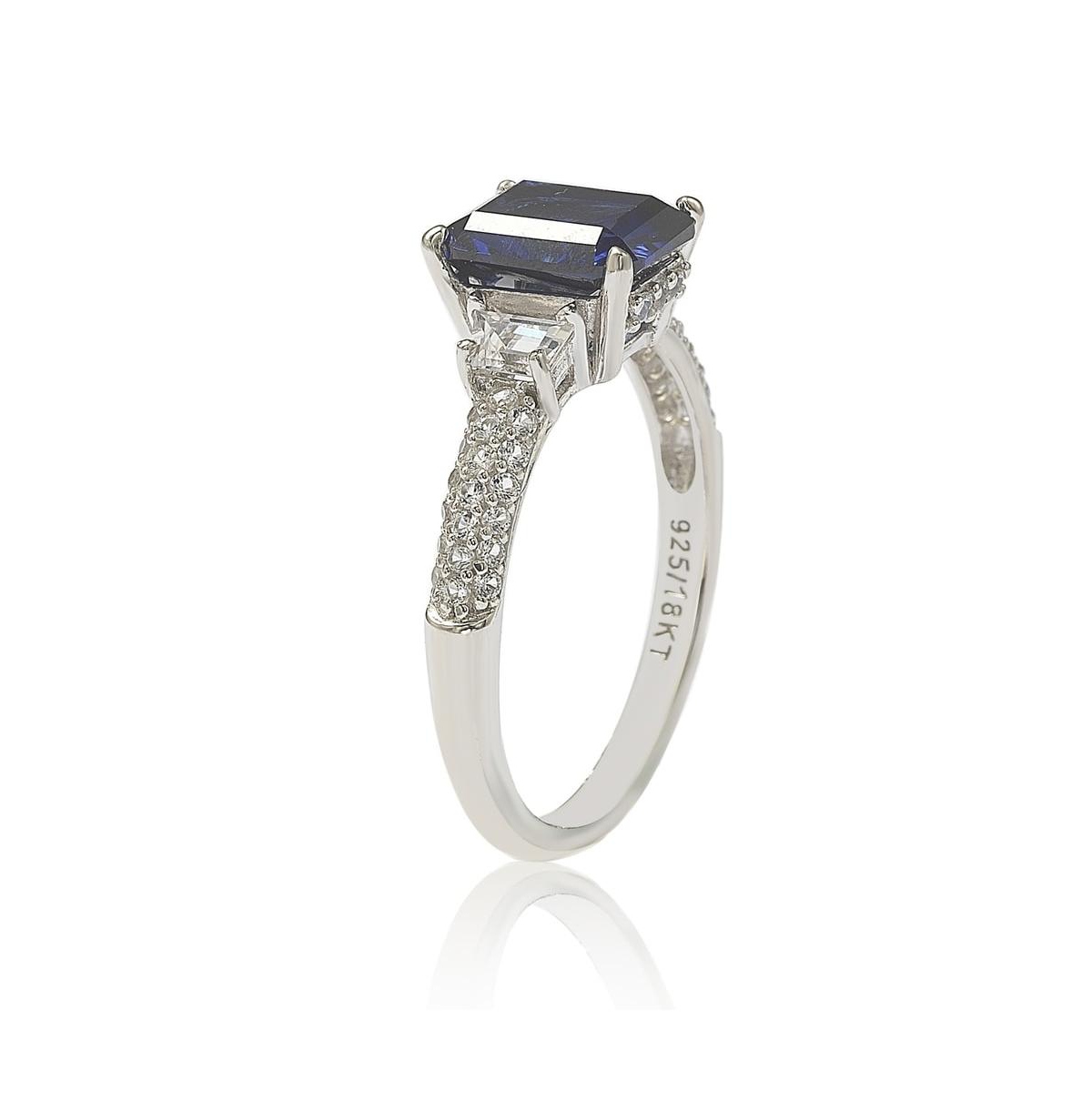 Suzy Levian Sterling Silver Sapphire & Created White Sapphire Emerald Cut Proposal Ring (8 mm