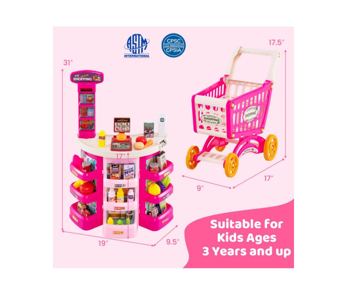 Детский игровой набор HONGGE 2-in-1 Light-and-Sound Scanner 76-Piece Supermarket Playset, Ages 3+, цвет: Розовый — фото 3