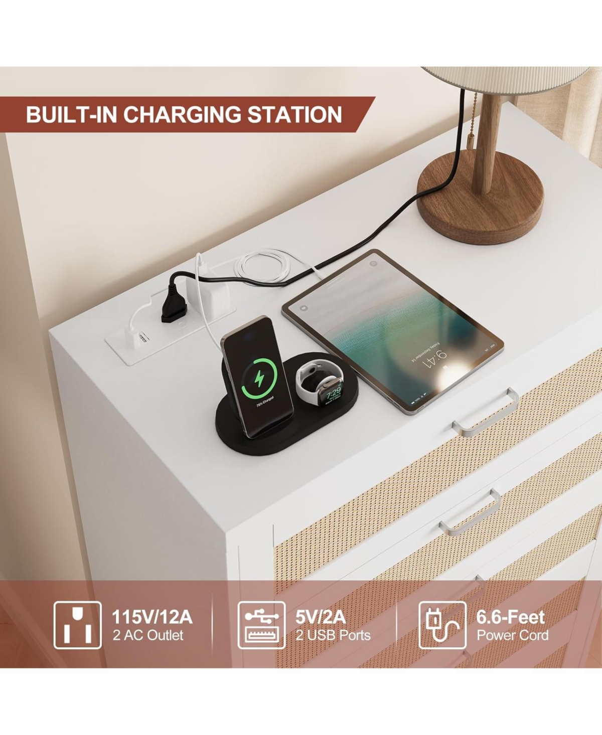 Gaomon Tall Rattan Dresser with 5 Drawers,Wooden Spacious Storage Chest of Drawers