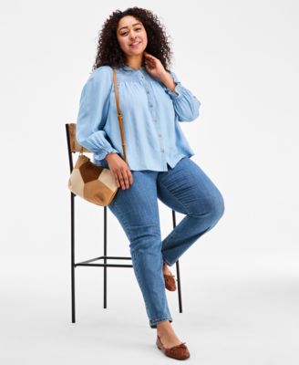 Plus Size Smocked-Yoke Cotton Chambray Blouse