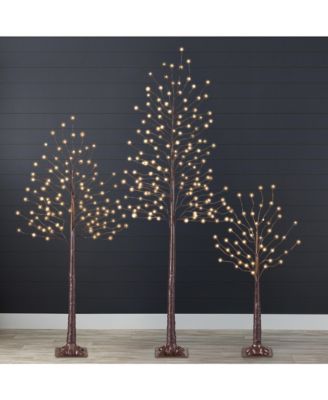 Set of 3 Lighted Twig Birch Trees, 4ft, 6ft, 8ft w/ 300 LEDs, Warm White, Multicolor Lights