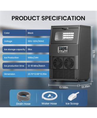 Commercial Ice Maker Machine,66Lbs/24H Stainless Steel Undercounter Ice Maker with 8Lbs Storage Capacity,Self-Cleaning Freestanding Ice Machine