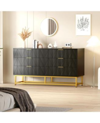 Modern White 6-Drawer Dresser with Gold Handles, Large Wooden Storage Cabinet for Bedroom, Living Room, Hallway, Entryway