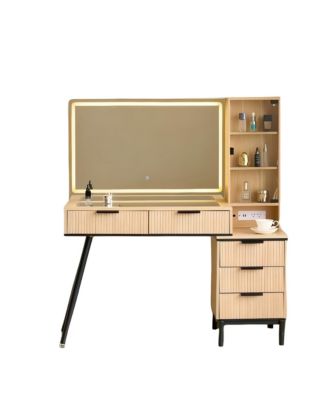 Vanity Desk with Mirror and Lights, 5 Drawers and Storage Shelves, Adjustable Brightness Makeup Table Set