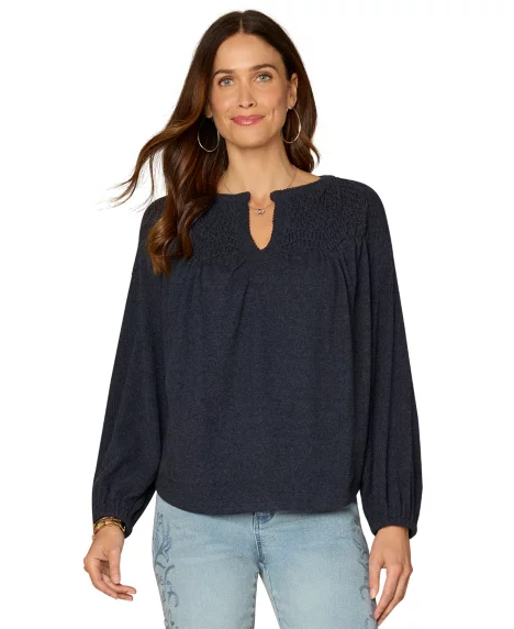 Petite Shirt Tail Knit Novelty Smocking Top - Heather Navy