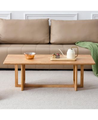 47.24" Rectangular Solid Wood Coffee Table with Imitation Rattan Design, for Living Room