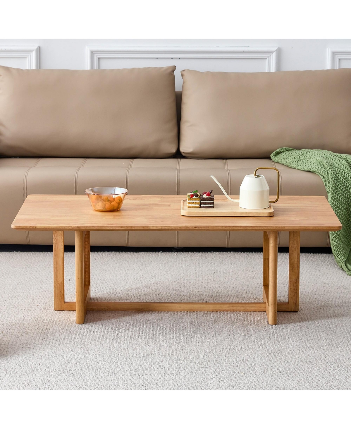 47.24" Rectangular Solid Wood Coffee Table with Imitation Rattan Design, for Living Room