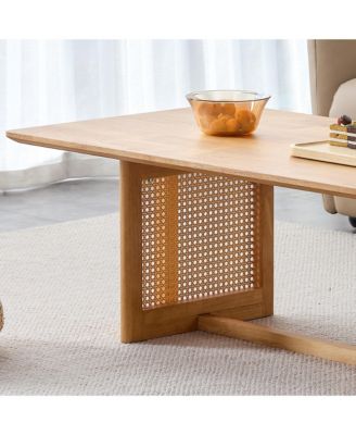 47.24" Rectangular Solid Wood Coffee Table with Imitation Rattan Design, for Living Room