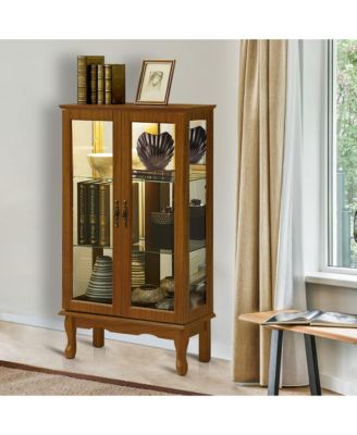 Corner Display Cabinet with Mirrored Panel Tempered Glass Shelves and Classic Style