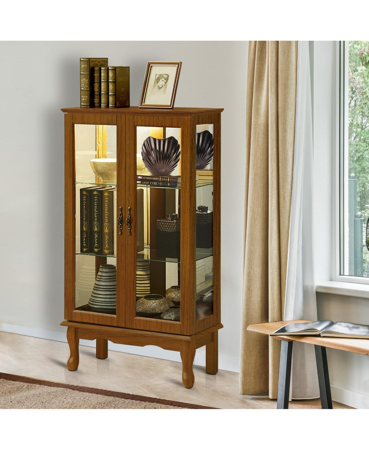 Corner Display Cabinet with Mirrored Panel Tempered Glass Shelves and Classic Style
