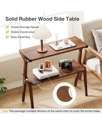 Solid Wood Side Table, 2-Tier Farmhouse Couch Side Table, Rustic Brown