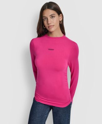 Women's Side Ruched High Neck Long Sleeve Top With Rhinestud Logo