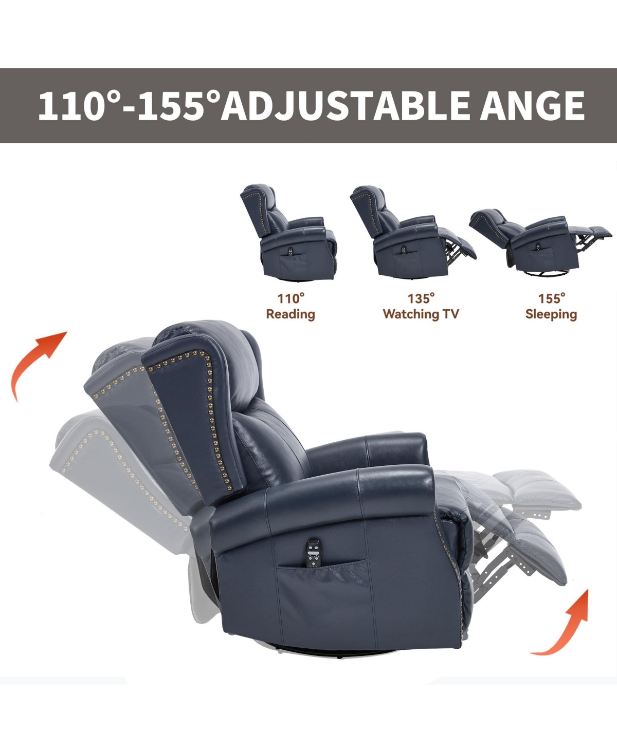 Boyel Living Genuine Leather Recliner Chair with Rocker and Swivel, Heat Massage for Room, Yellow