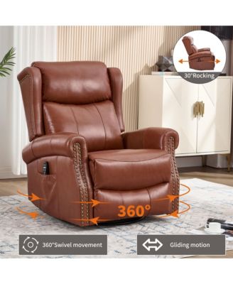Genuine Leather Recliner Chair with Rocker and Swivel, Heat Massage for Living Room, Yellow
