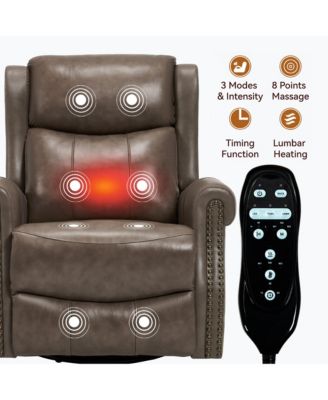 Genuine Leather Recliner Chair with Rocker and Swivel, Heat Massage for Living Room, Yellow