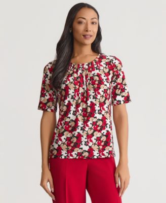 Women's Printed Pleated-Neck Top, Regular & Petite