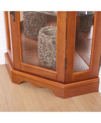 Lighted Oak Curio Cabinet with Tempered Glass Doors & Shelves