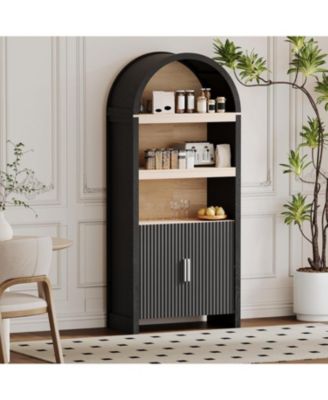 71in Tall Arched Bookcase, Modern 5 Tier Bookshelf Mid Century Arched Display Storage Cabinet with Fluted Doors Open Display Shelves, Black