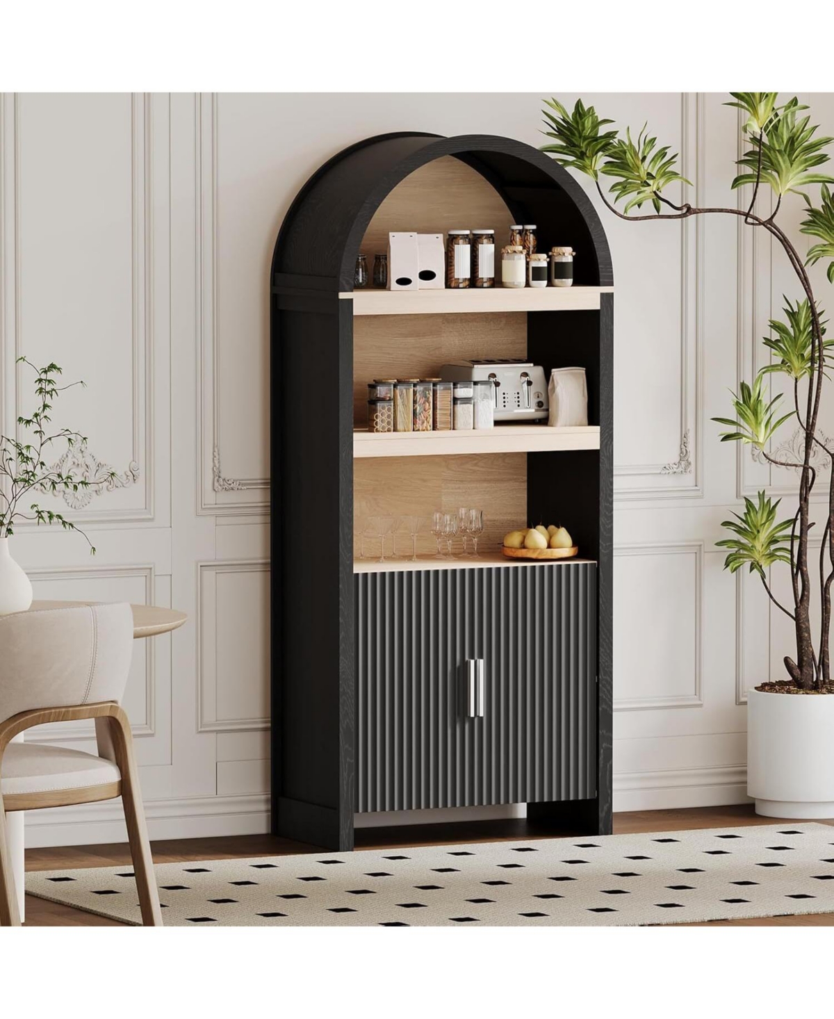 Gaomon 71in Tall Arched Bookcase, Modern 5 Tier Bookshelf Mid Century Arched Display Storage Cabinet with Fluted Doors Open Display Shelves, Black