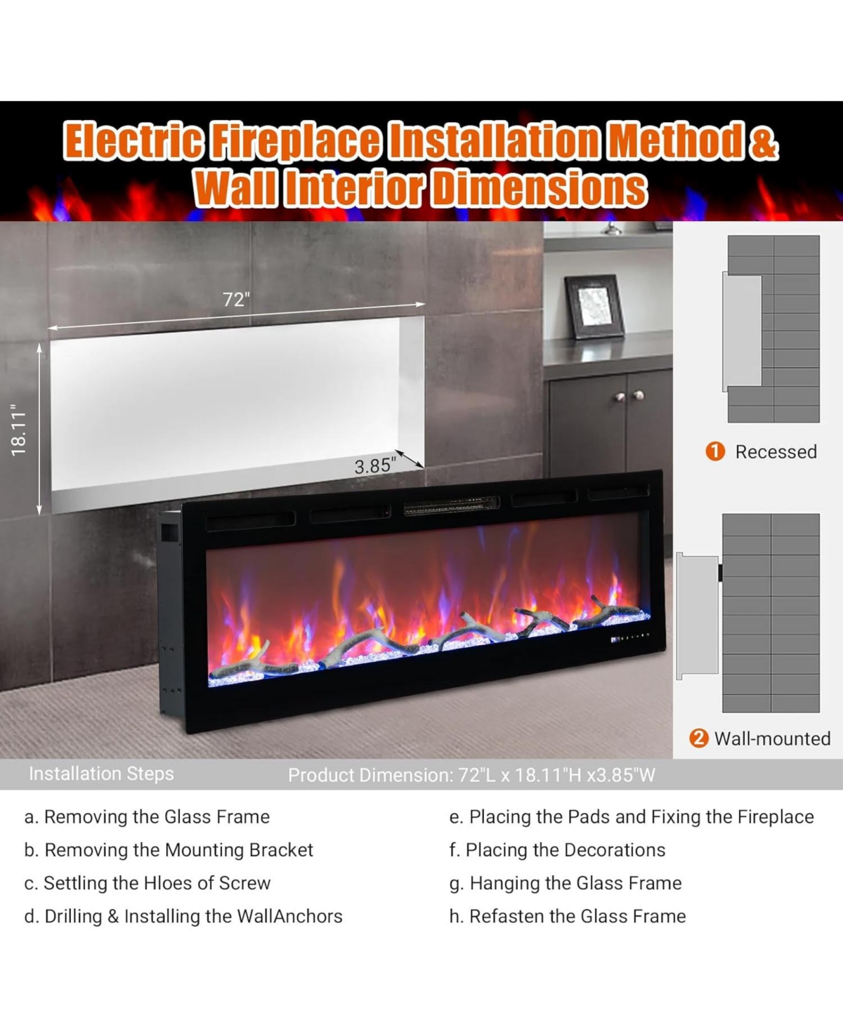 Gaomon 72" Recessed & Wall Mounted Electric Fireplace, Smart WiFi & Remote Control, Multicolor Flame, 750/1500W