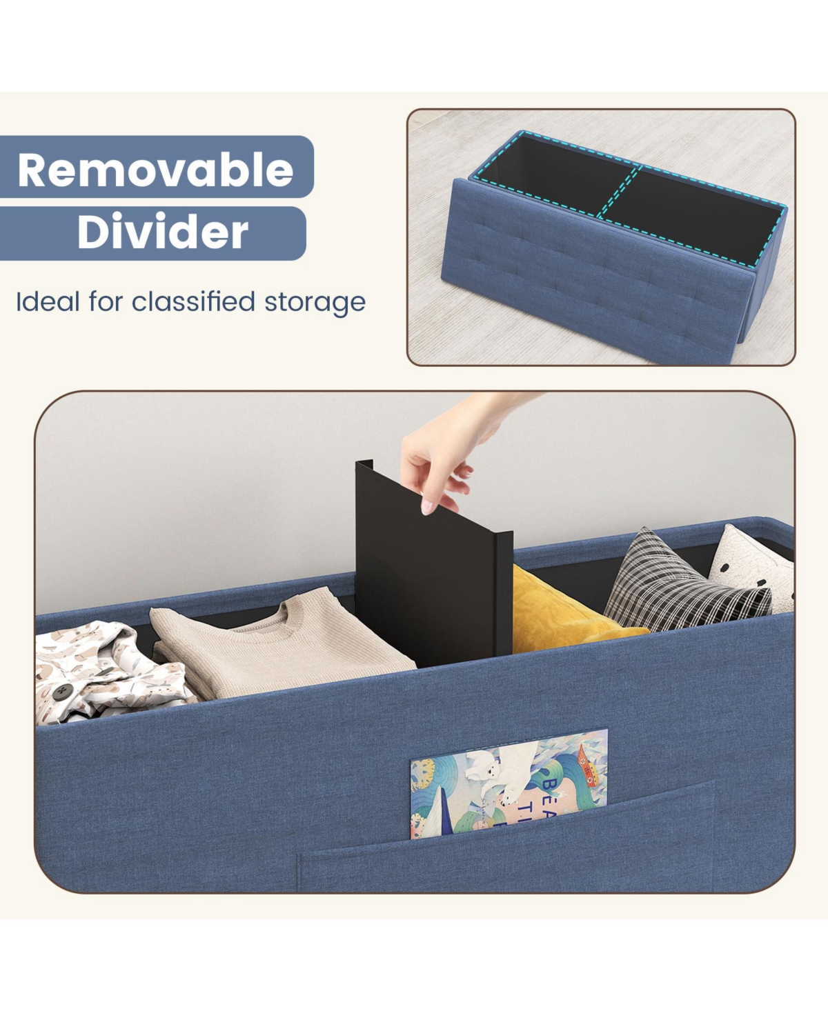 Gymax 43'' Folding Storage Ottoman Bench w/ Removable Divider & Side Pocket Bedroom