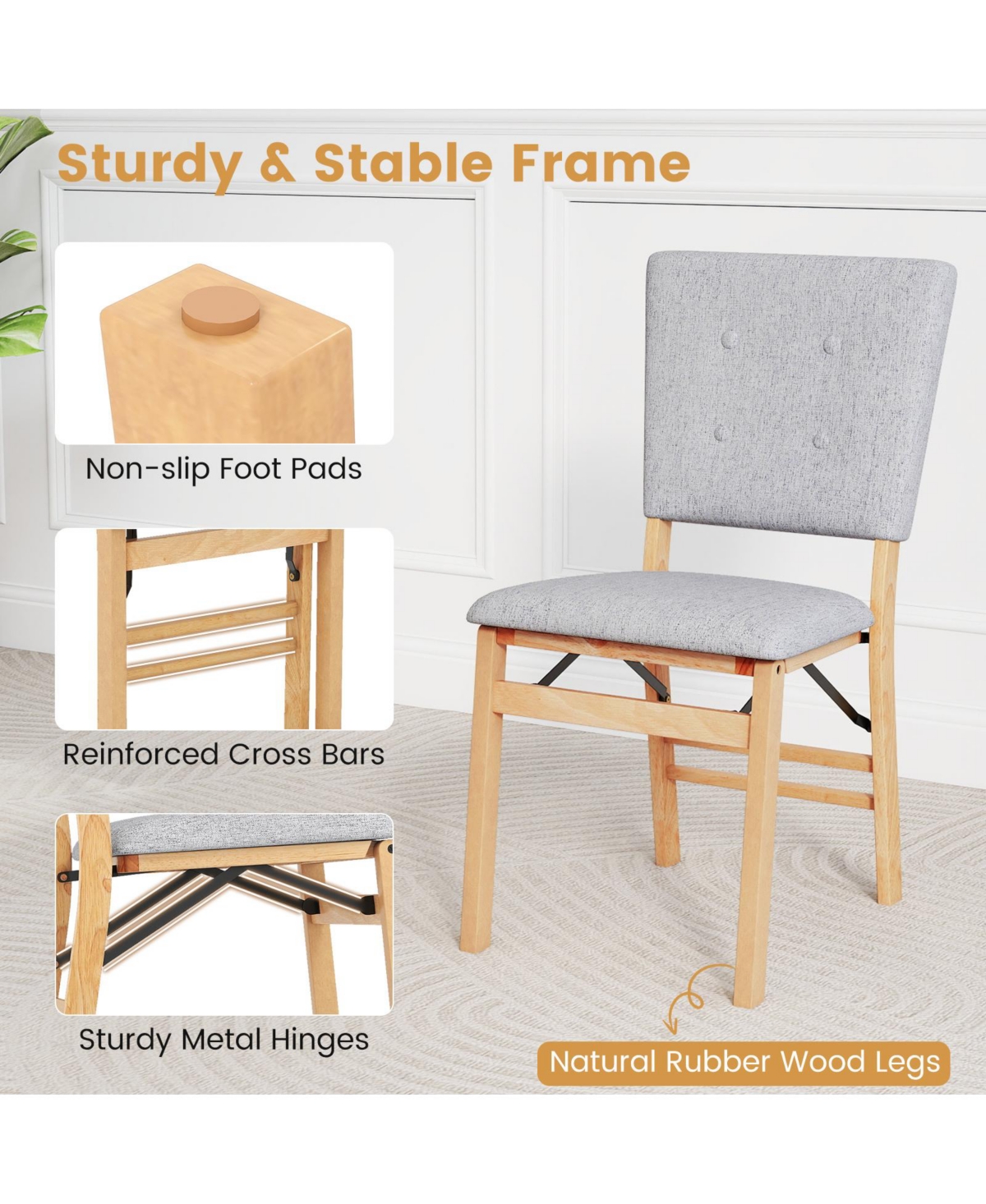 Gymax Foldable Dining Chair Set of 4 w/Padded Seat and Tilt Backrest Rubber Wood Legs