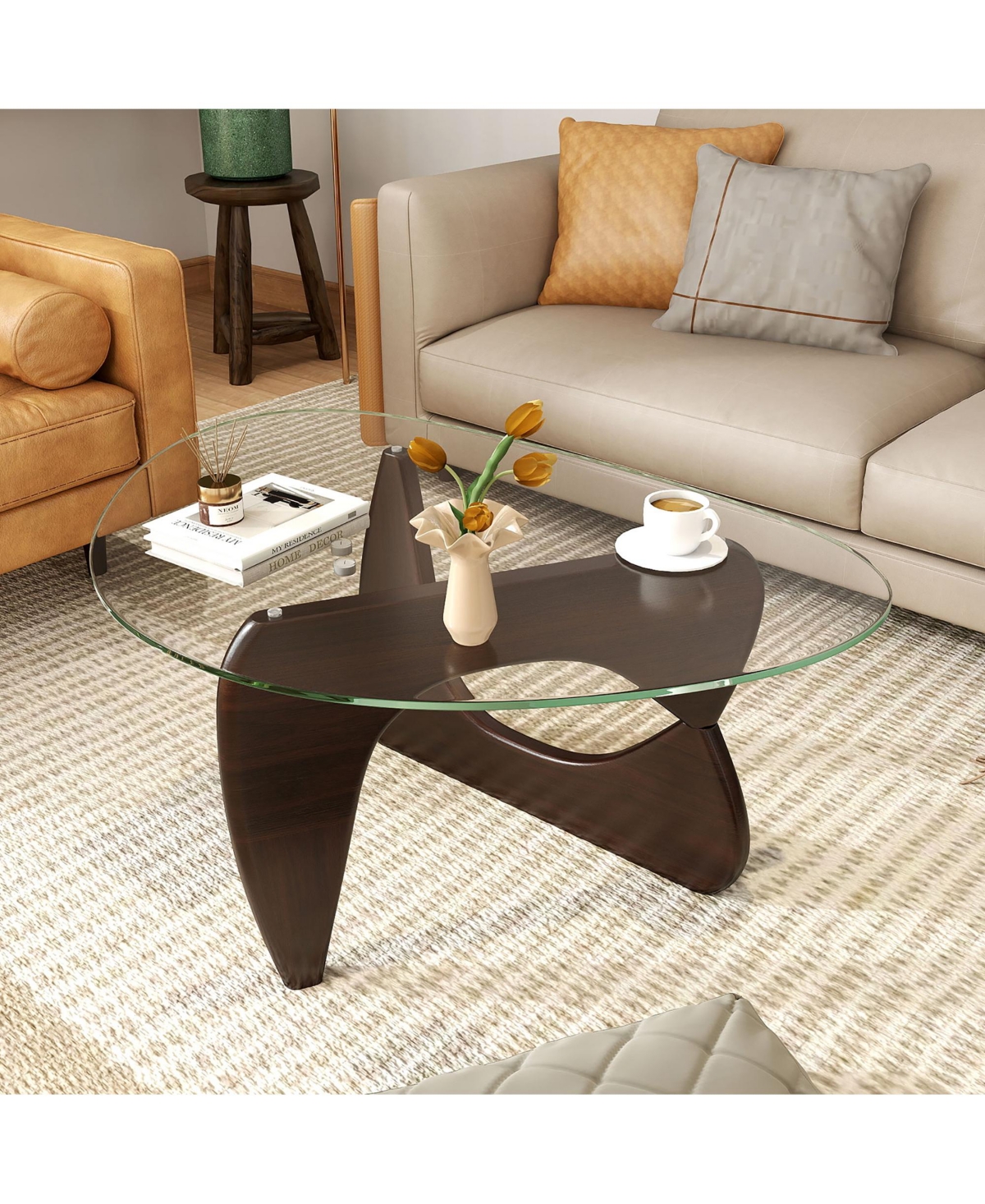 Gymax Triangle Coffee Table w/ Tempered Glass Top & Adjustable Rubber Wood Base