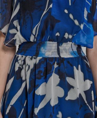 Women's Short Flutter Sleeve V Neck Smocked Waist Floral Midi Dress