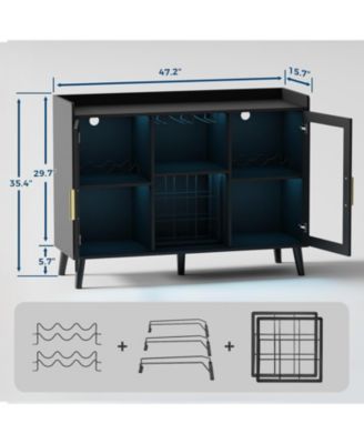 Freestanding Wine Bar Cabinet with Wine Rack and LED Light, Kitchen Sideboard and Buffet Cabinet Coffee Bar with Glass Holder, with Glass Door
