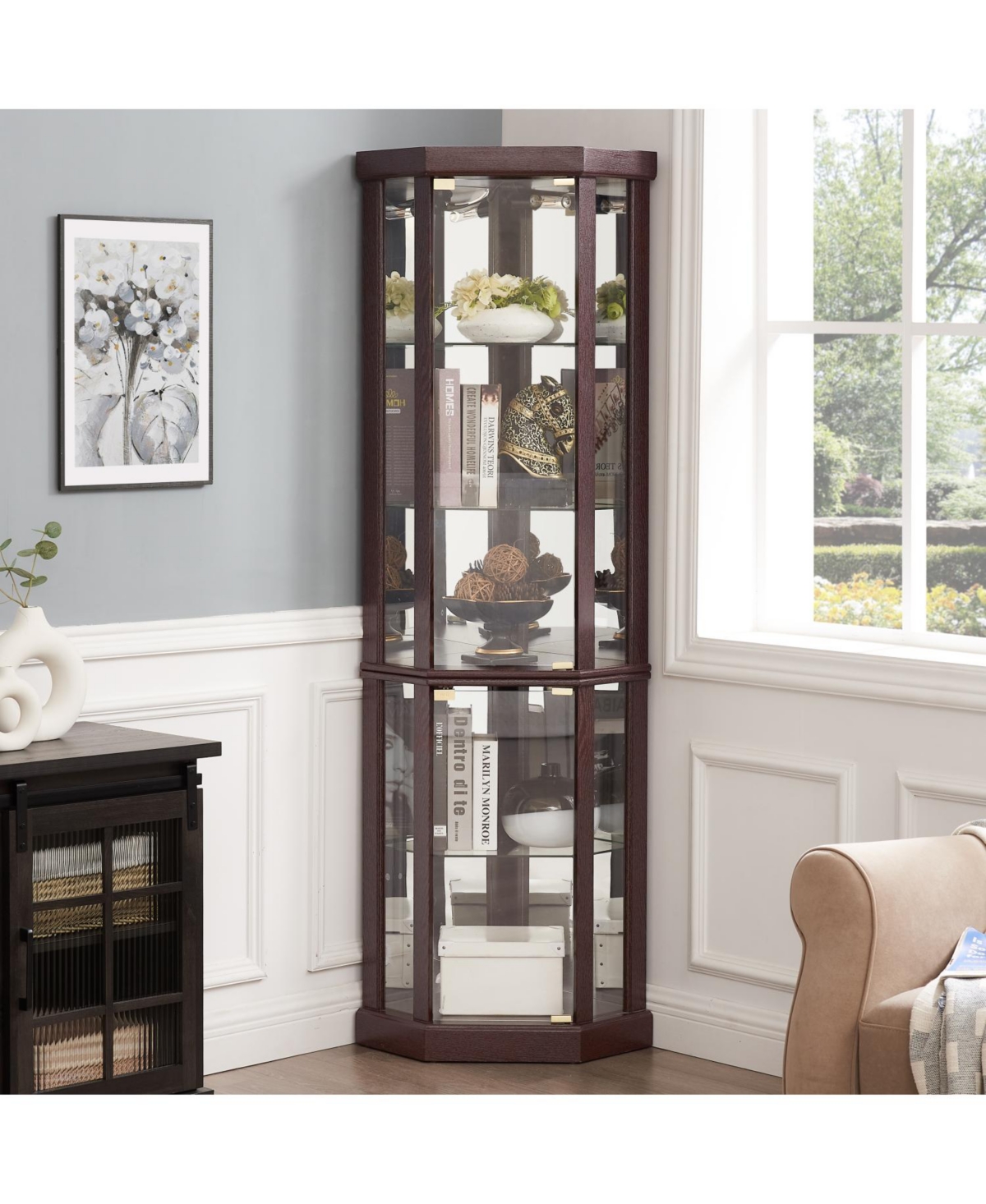 Streamdale Furniture Lighted Corner Curio Cabinet - Dark Cherry
