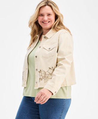 Plus Size Cropped Embroidered Denim Jacket