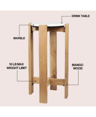 Elena 24" Minimalist Structured Wood Drink Table and Decorative End Table with White Marble Round Top