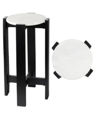 Elena 24" Minimalist Structured Wood Drink Table and Decorative End Table with White Marble Round Top