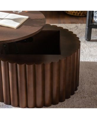 Round Coffee Table with Lift, Handcrafted Relief Wooden Tea Table for Living Room