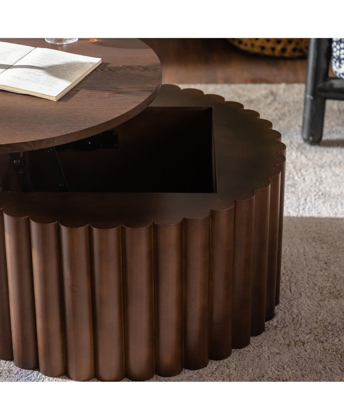 Boyel Living Round Coffee Table with Lift, Handcrafted Relief Wooden Tea Table for Living Room