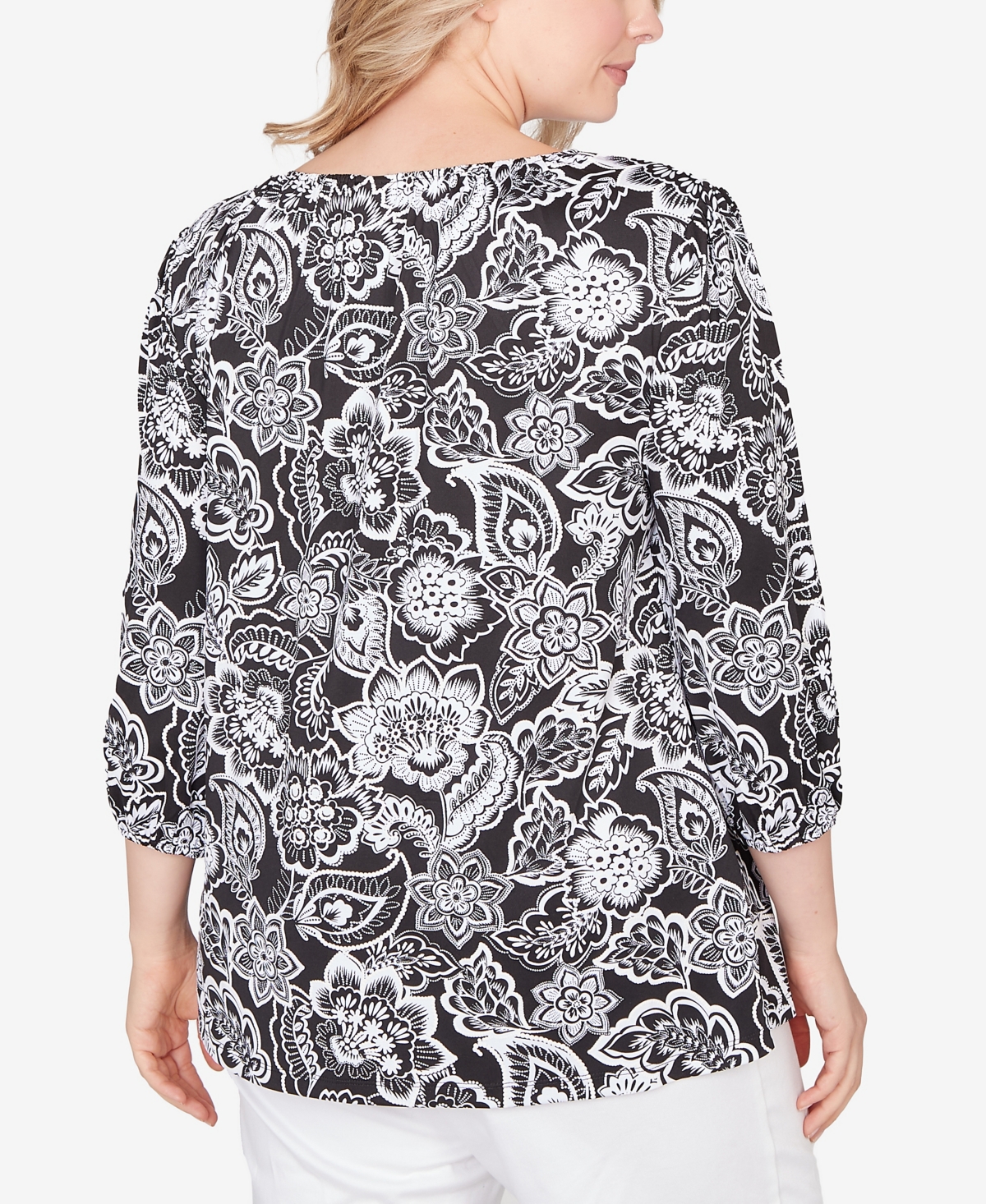 Ruby Rd. Plus 3/4 sleeves Dotted Floral Puff Print Knit Top