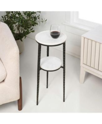 Seraphina 24.75" Industrial 2-Tier Metal Frame Drink Table and Decorative End Table with White Marble Round Top