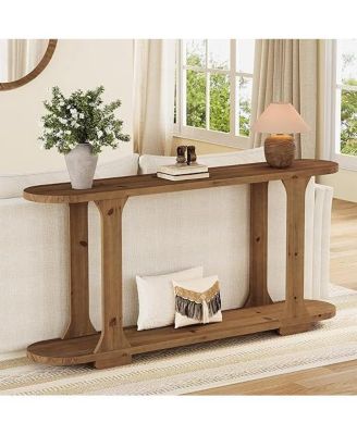 63 Inch Solid Wood Console Table, Farmhouse Couch Table Behind Sofa with 2-Tier Shelf for Hallway, Foyer, Entrance