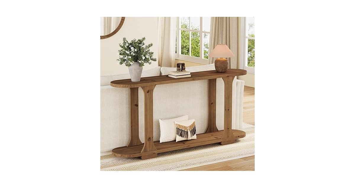 Tribesigns 63 Inch Solid Wood Console Table, Farmhouse Couch Table Behind Sofa with 2-Tier Shelf for Hallway, Foyer, Entrance