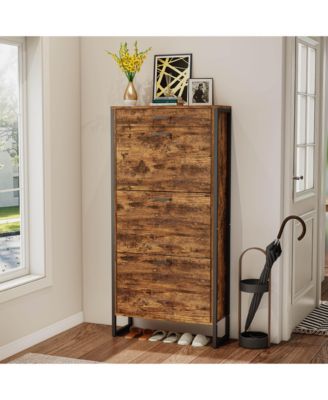 Flip Top Shoe Cabinet Drawer Storage 12-15 Pairs White Rustic Brown Entryway