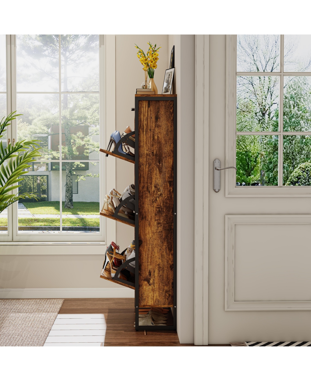 Lovmor Flip Top Shoe Cabinet Drawer Storage 12-15 Pairs White Rustic Brown Entryway