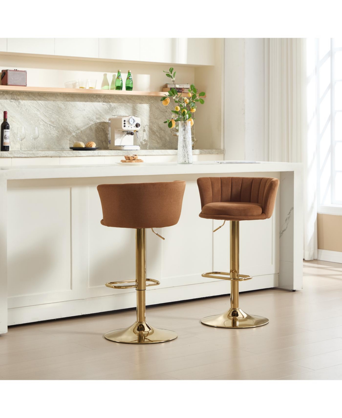 Streamdale Furniture Set of 2 Orange Velvet Swivel Bar Stools with Chrome Footrest